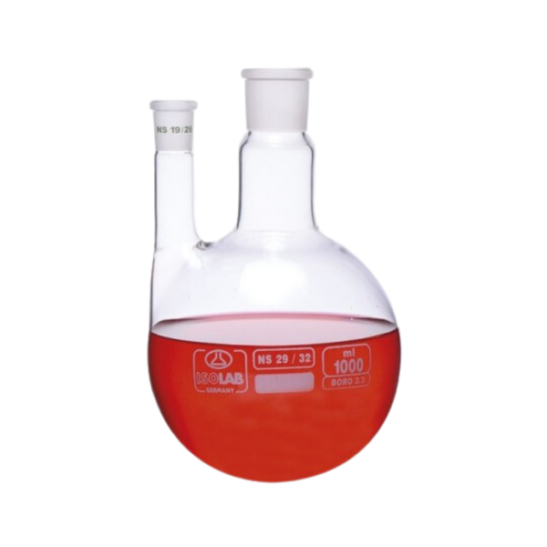 ISOLAB - Balon - Dibi Yuvarlak - 2 Boyunlu - Paralel Yan Boyun - Merkez Boyun : NS 24/29 - Yan Dişi Şilif : NS 14/ 23 - 100 ml