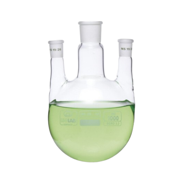 ISOLAB - Balon - Dibi Yuvarlak - 3 Boyunlu - Paralel Yan Boyun - Merkez Boyun : NS 29/32 - Yan Boyun(Lar) : NS 29/32 - 2000 ml